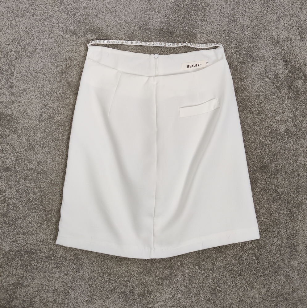 Beauty + Women's Cut Out Rhinestone Waist Mini Skirt in White Size Small Y2K